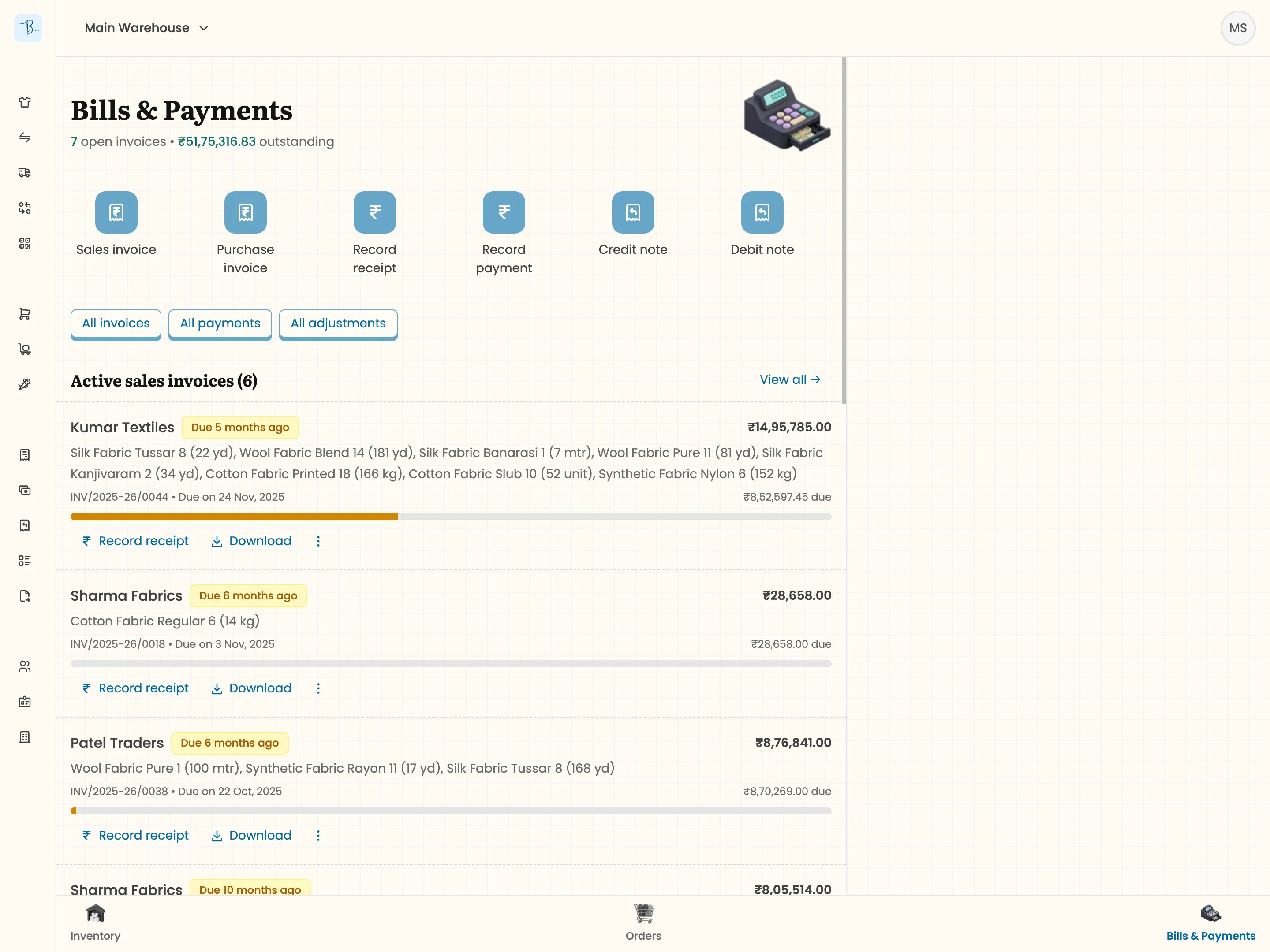 Accounting dashboard with pending invoices and outstanding payments