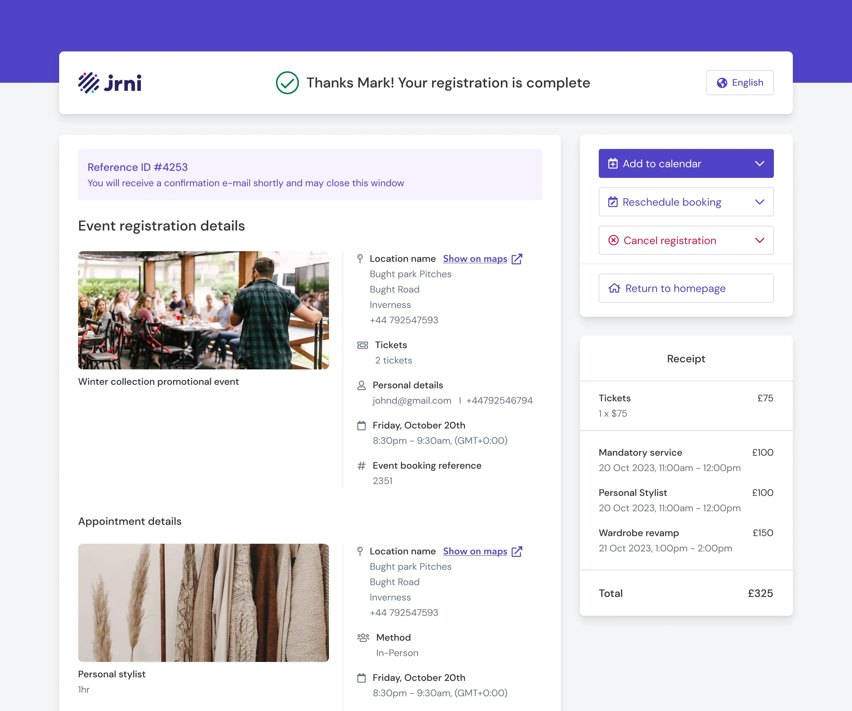 Booking confirmation page
