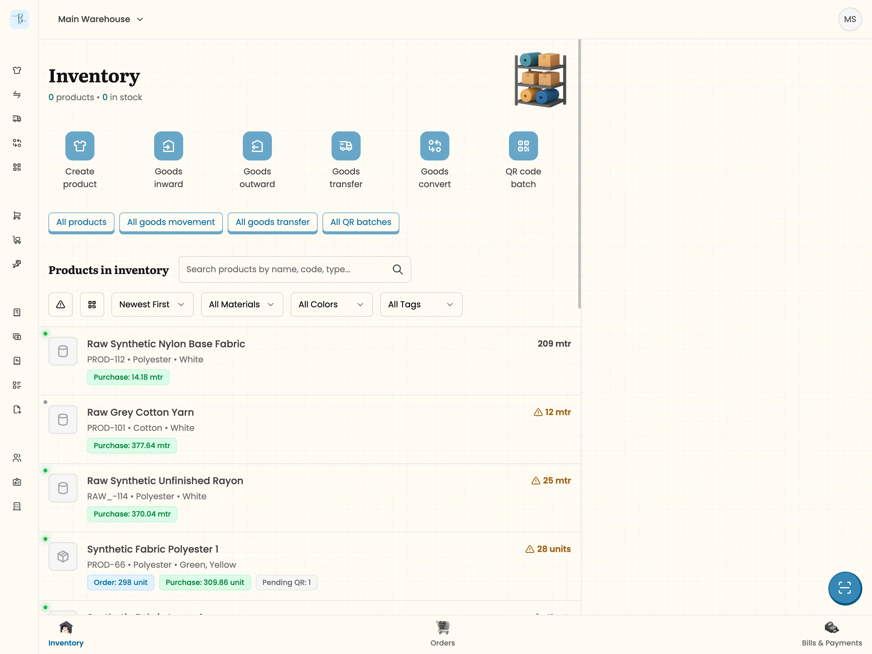 Inventory dashboard showing products and quantities in the selected warehouse