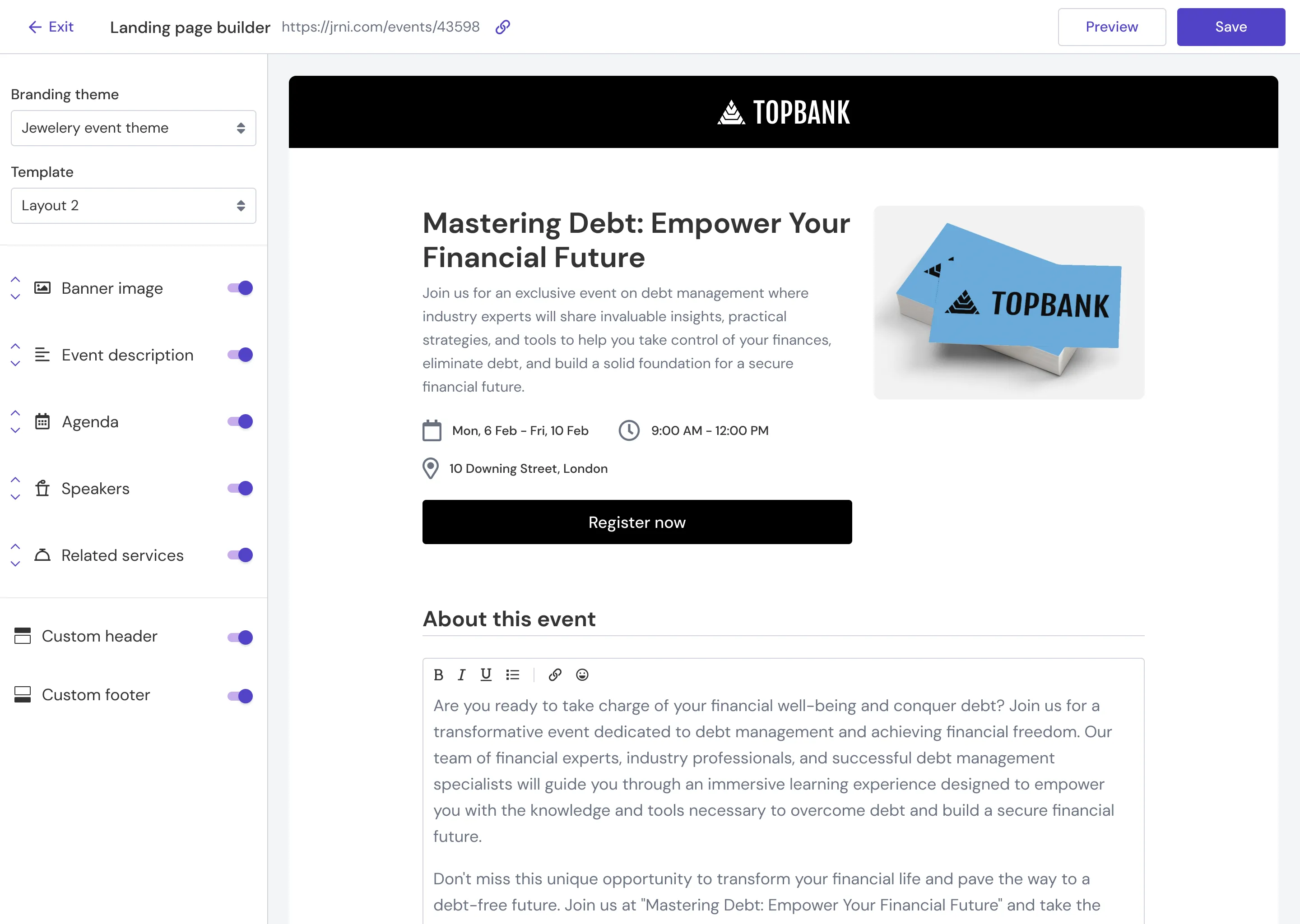 Landing page builder with toggle panel and live preview