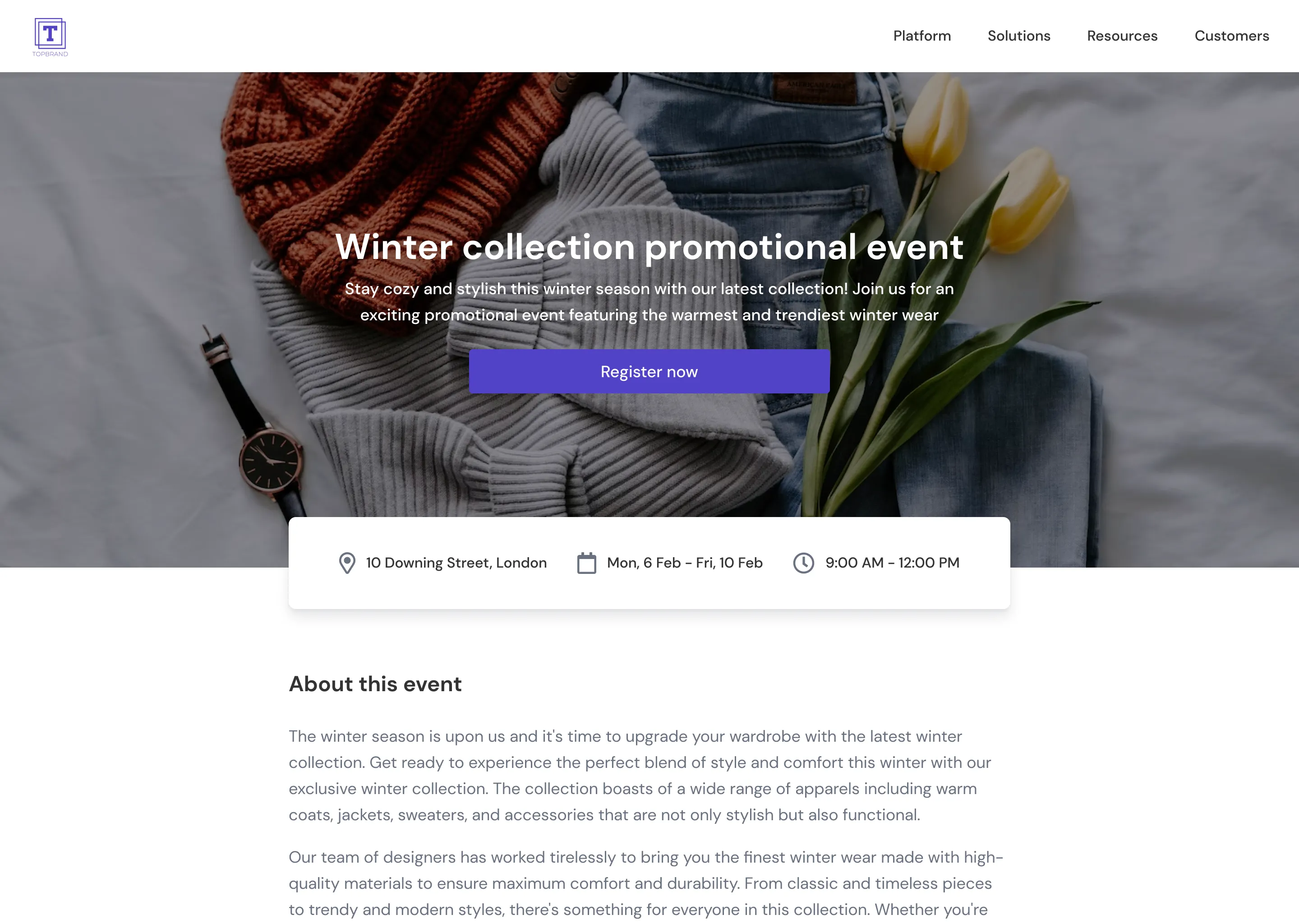 Finished landing page as it appears to customers