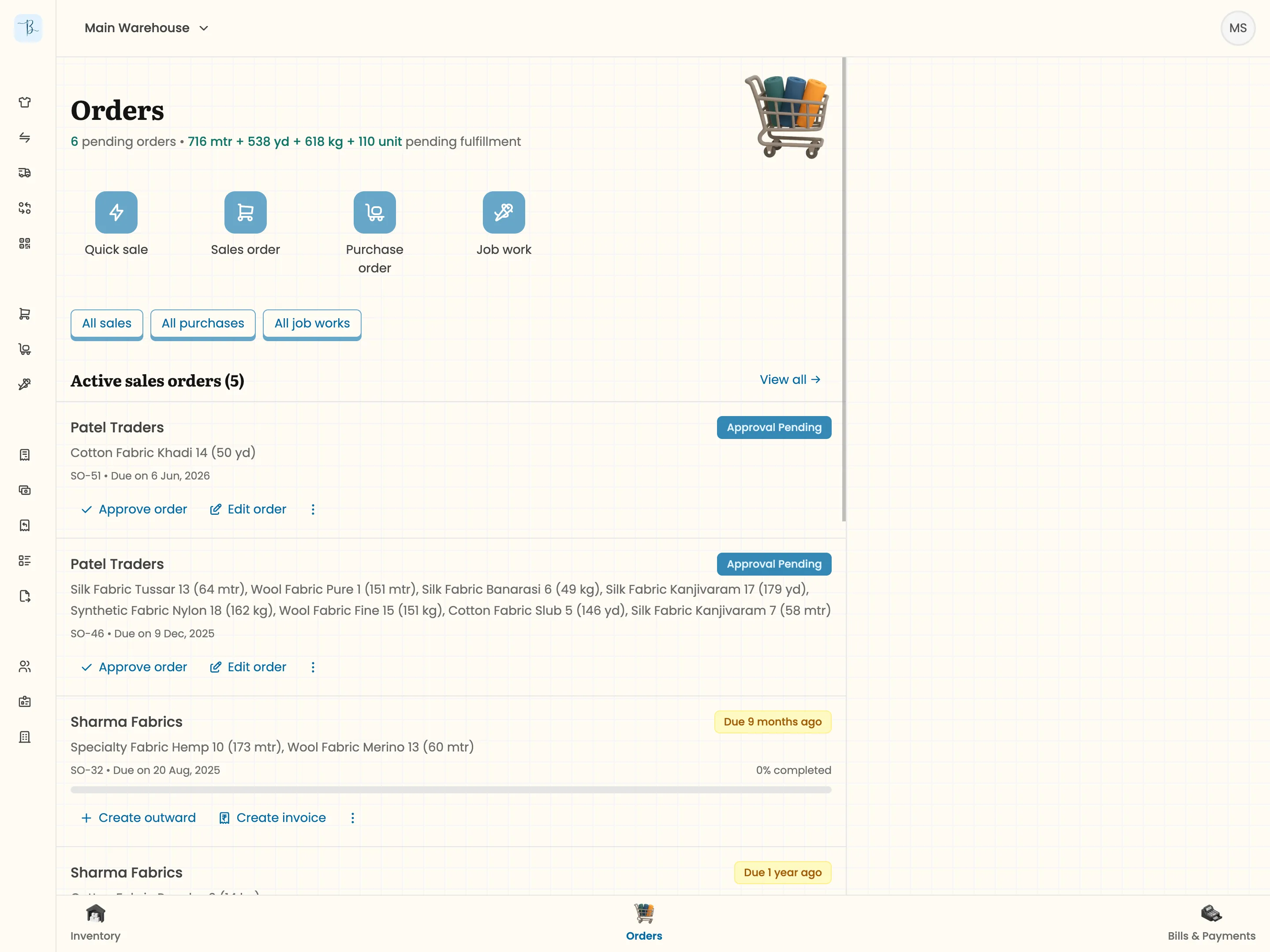 Orders dashboard showing pending purchase orders, sales orders, and job work