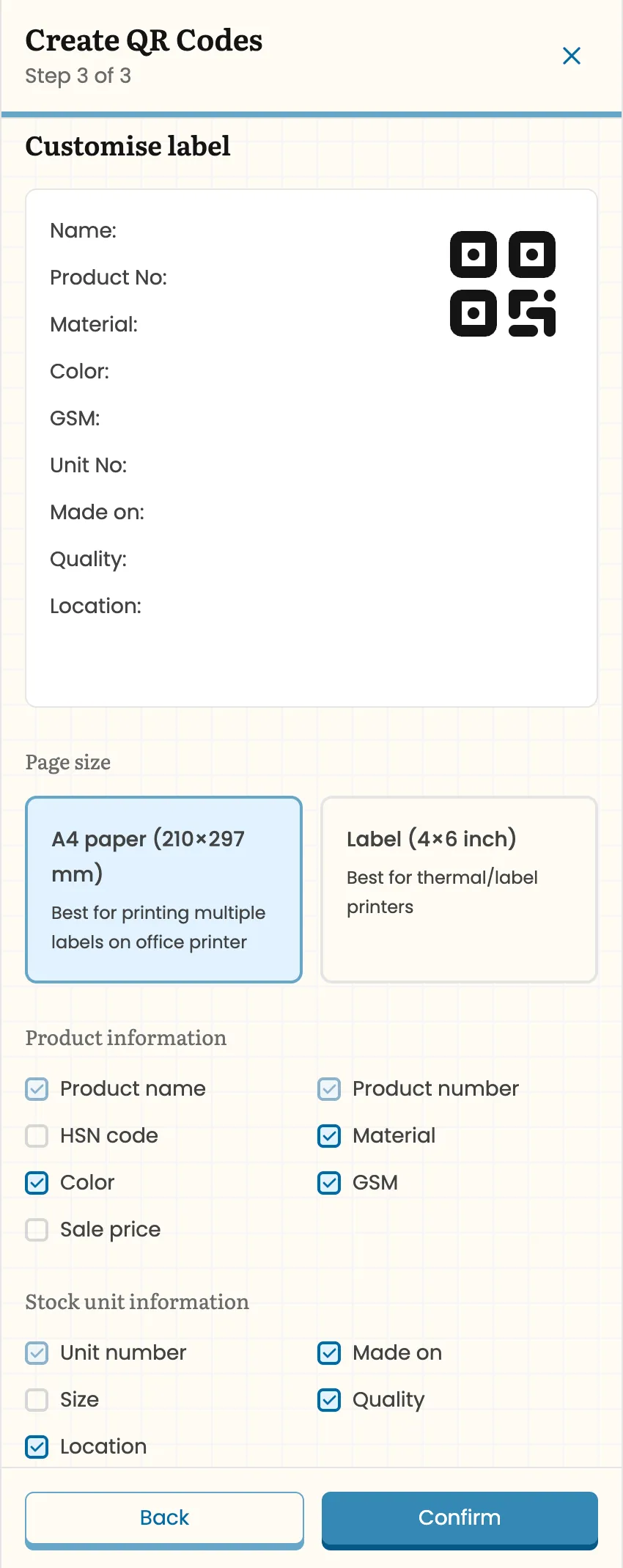 QR label customisation screen with toggles for label fields and page format