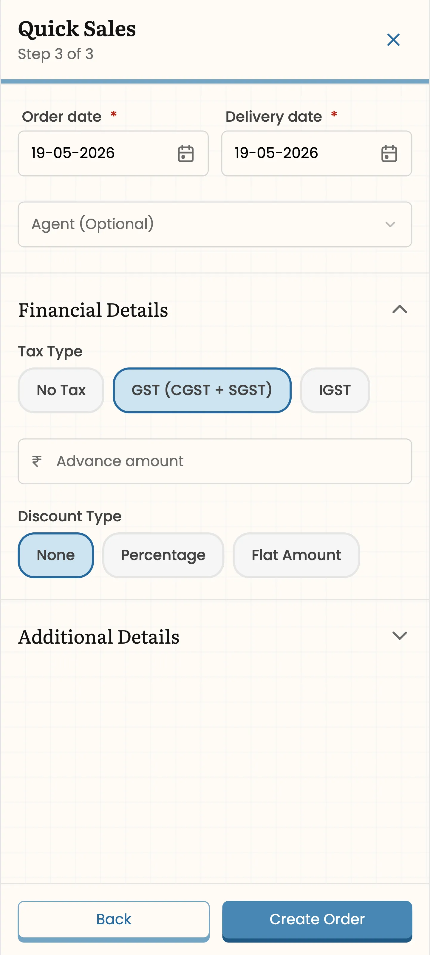 Quick sale step 3: confirming the sale