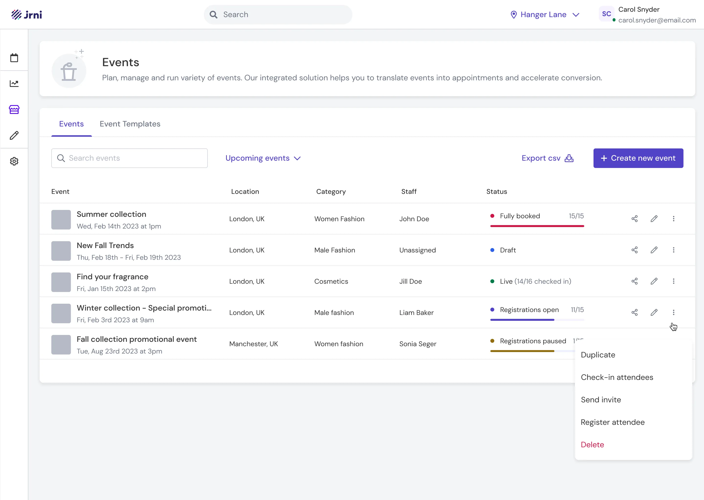 Studio events list showing events across locations with status indicators