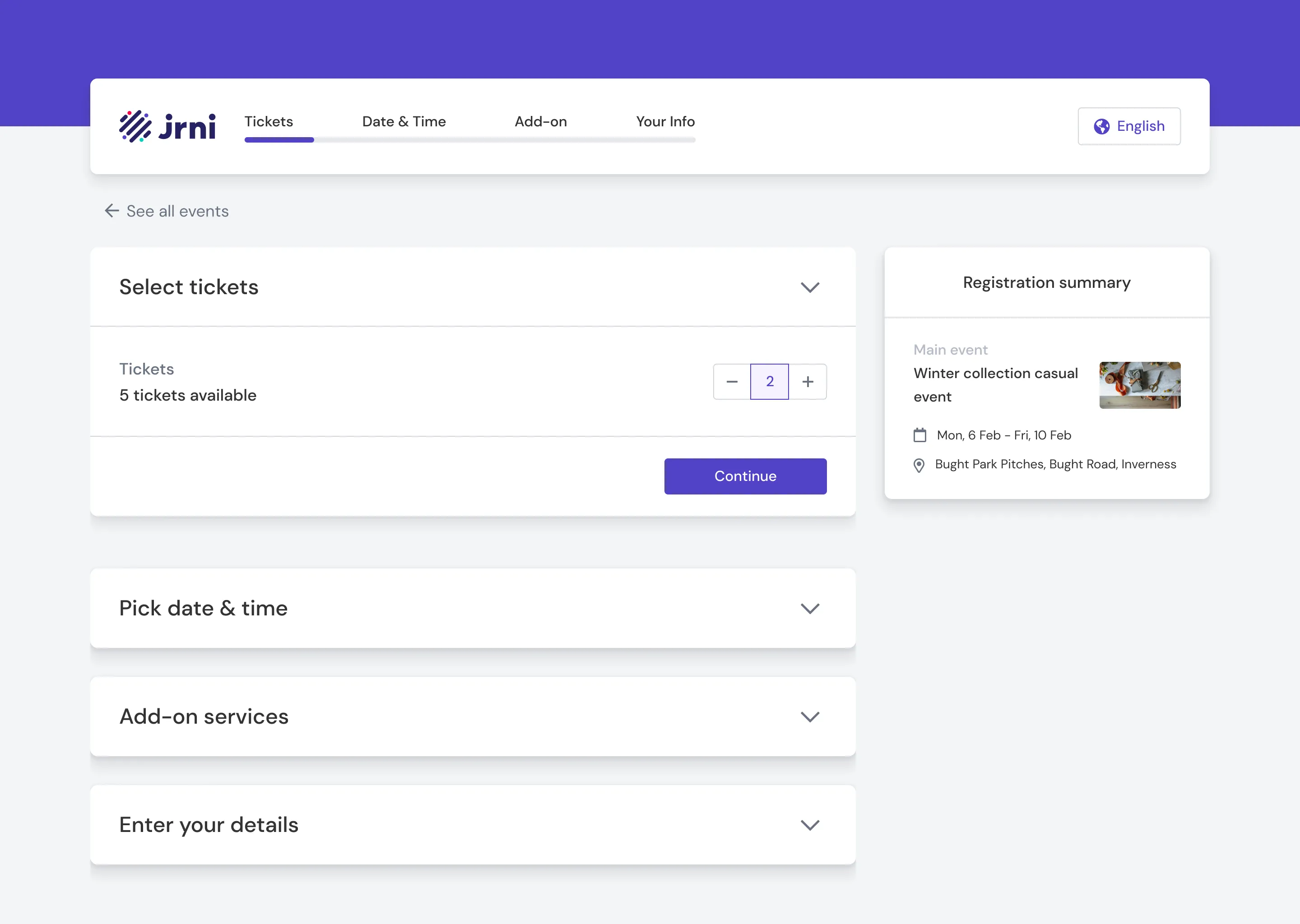 Ticket selection step in the booking journey