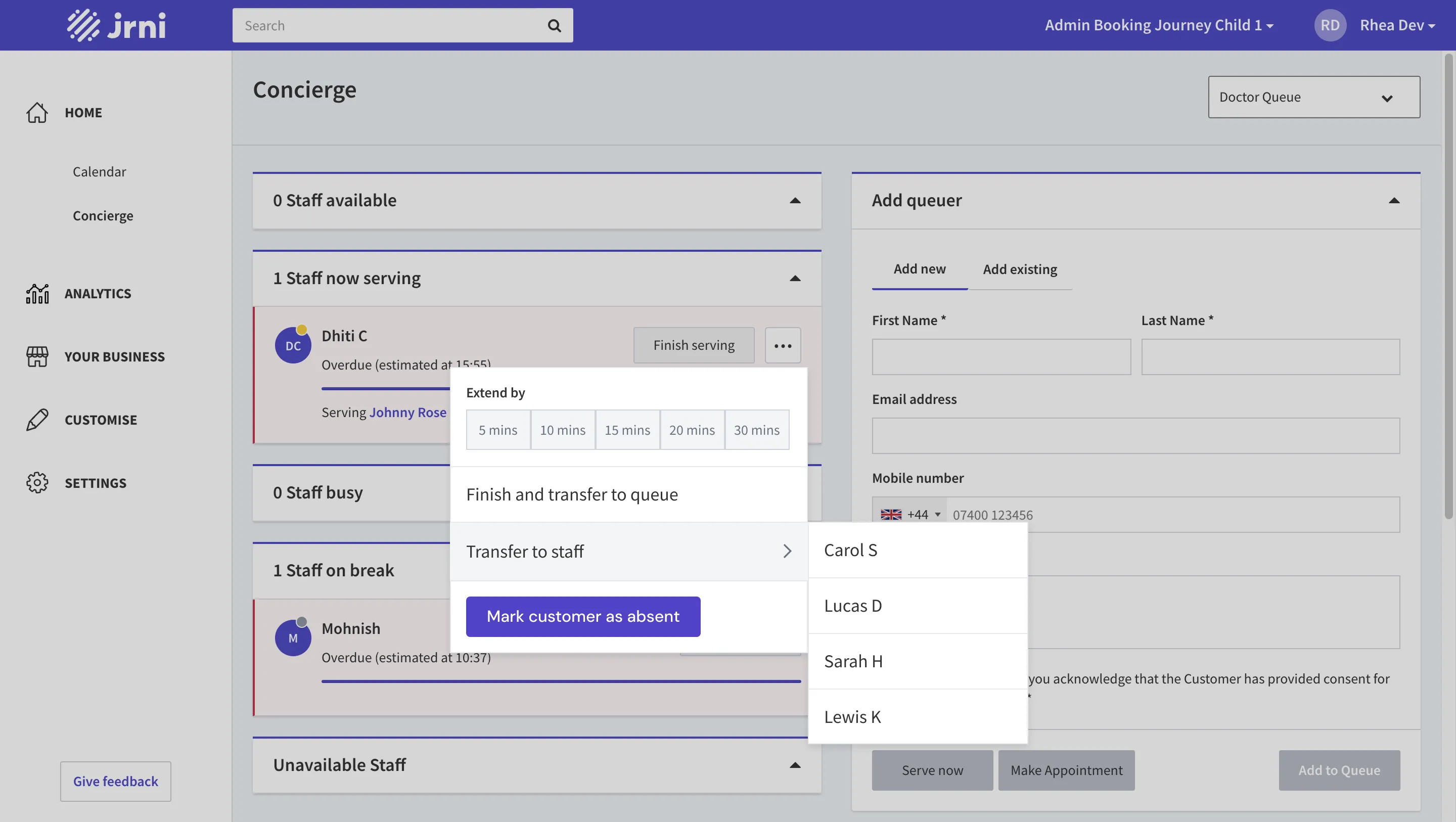 Transfer customer flow with service reselection