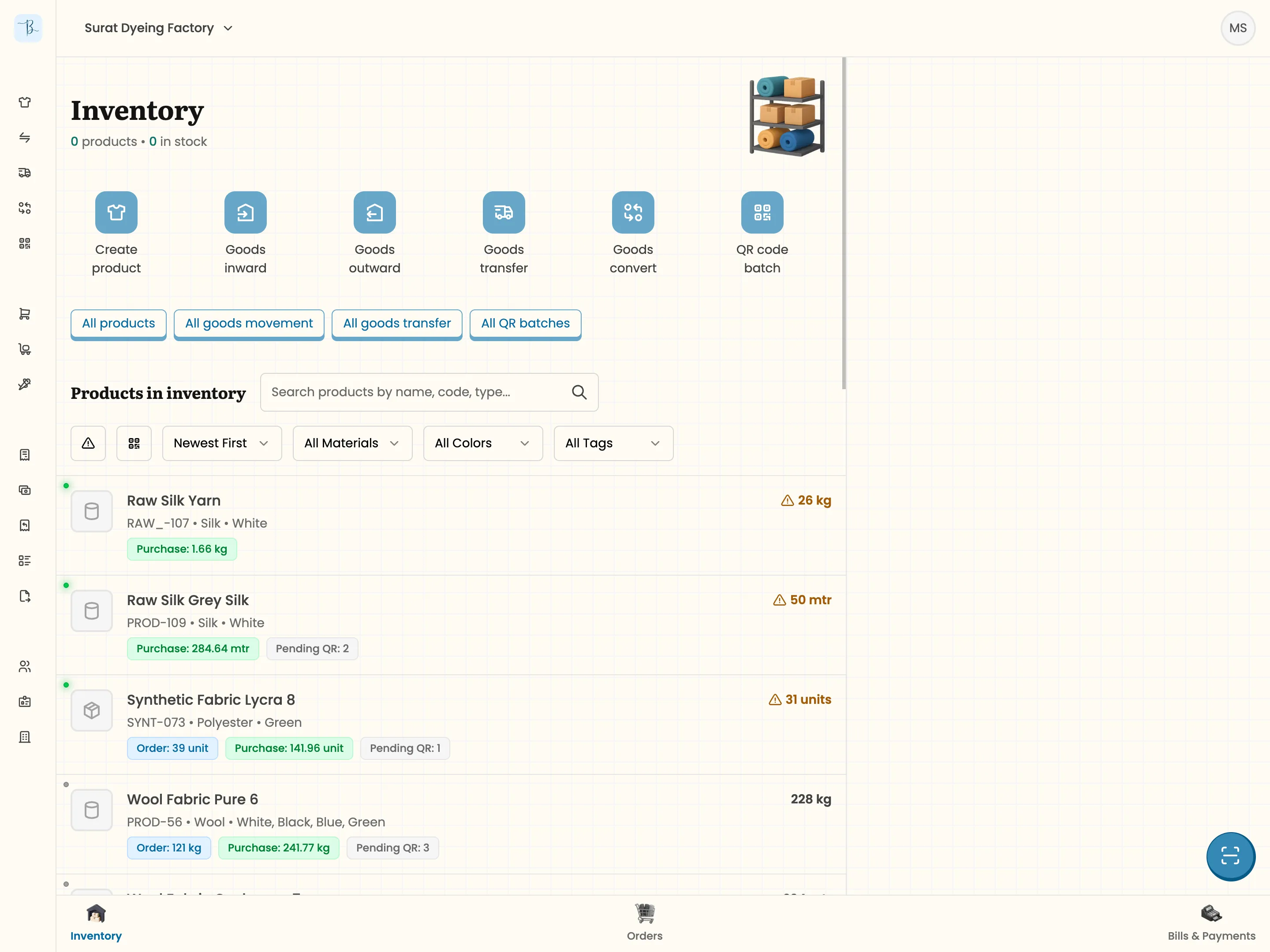 Inventory view filtered to a vendor factory
